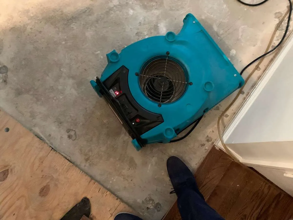 Air mover drying subfloor during Commercial Water Damage Restoration in Whitewater
